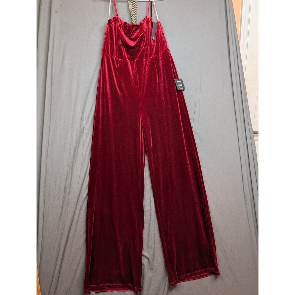 Lulus Hopeful Heart Red Velvet Backless Wide-Leg Jumpsuit Size XL